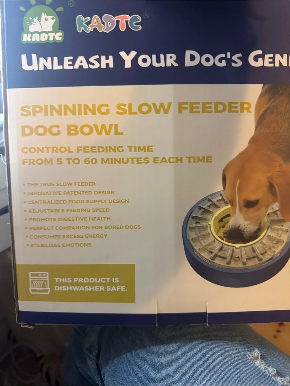 KADTC Blue and Yellow Spinning Slow Feeder Dog Bowl